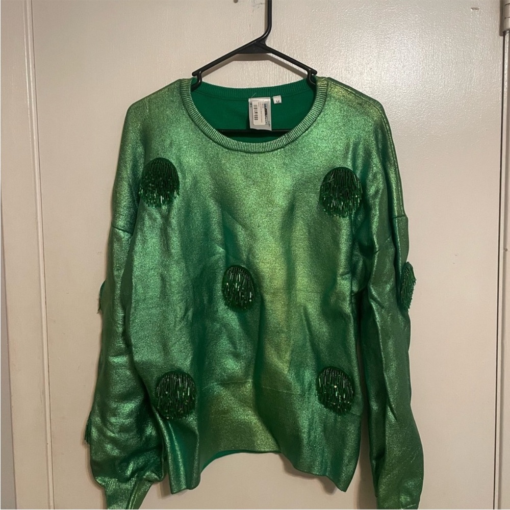Queen of Sparkles Shiny Green Sweater with Fringe Accents